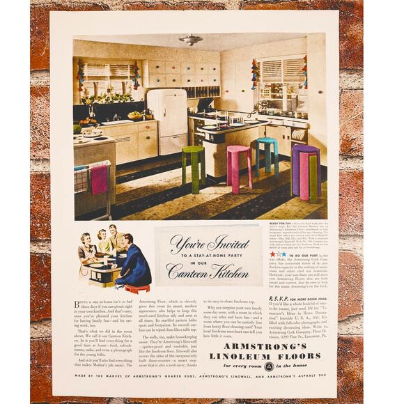 1942 Vtg Canteen Kitchen Seating Print Ad Armstrong Linoleum Stylish‎ WWII Era - Picture 2 of 10